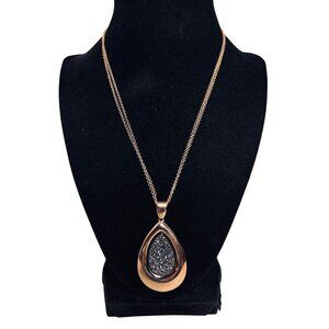 Bronzo Italia Rose Gold Tone Necklace With Black Druzy Teardrop Pendant (6292)